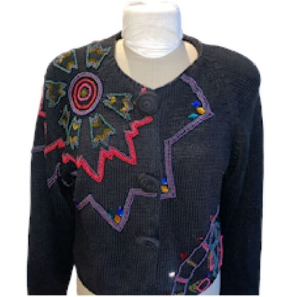 New York News Abstract Beaded Cardigan Vintage Sz. L Starburst Boxy, Y2K - Picture 2 of 11